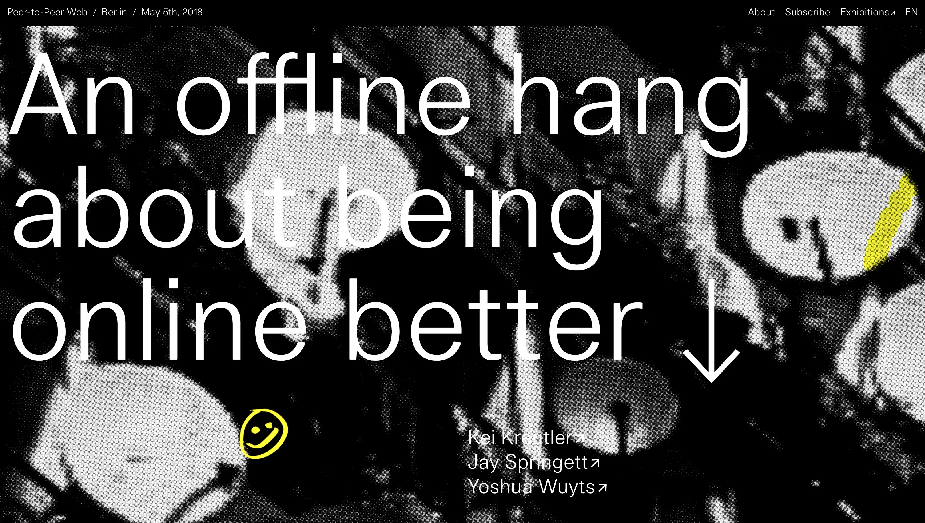 Screenshot of the Peer-to-Peer Web Berlin event website with text "An offline hang about being online better" featuring Jay Springett and others, May 2018