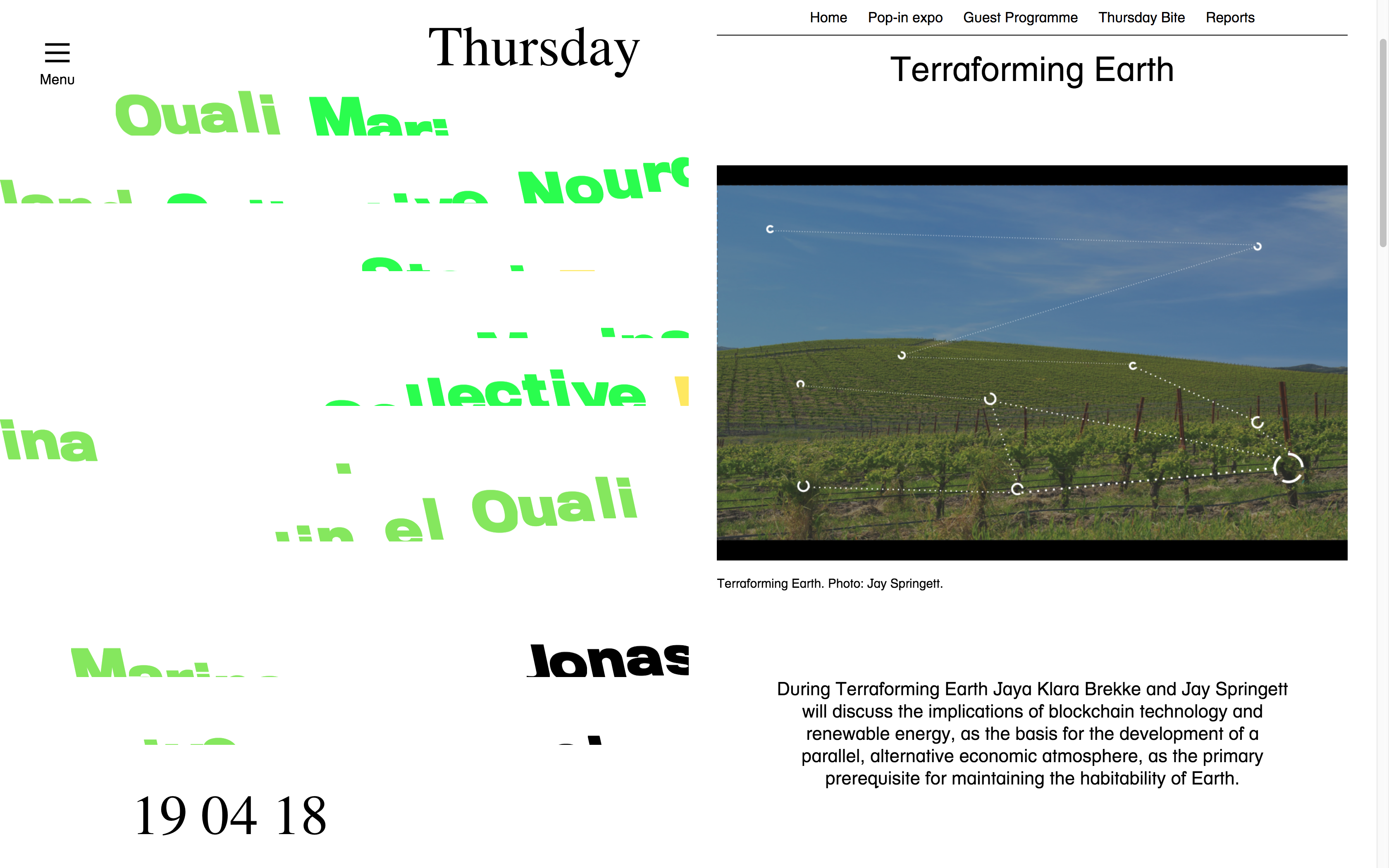 Screenshot of the Terraforming Earth event website showing the Thursday programme page with an agricultural landscape photo dated 19 April 2018