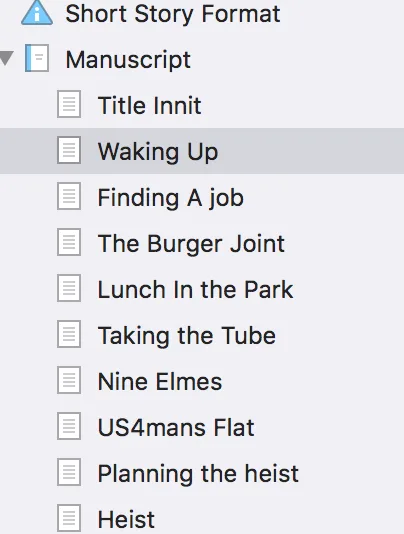 Screenshot of a Scrivener manuscript outline for a short story with chapter list including Waking Up, Finding A Job, The Burger Joint, and others