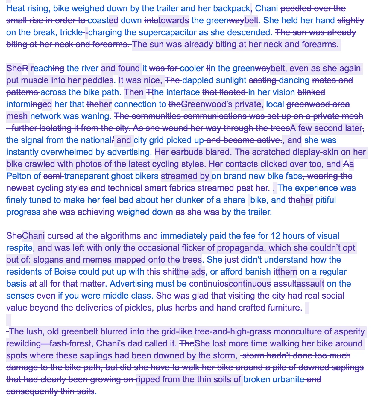 Screenshot of a fiction draft with tracked changes showing strikethrough deletions in red and new text in blue