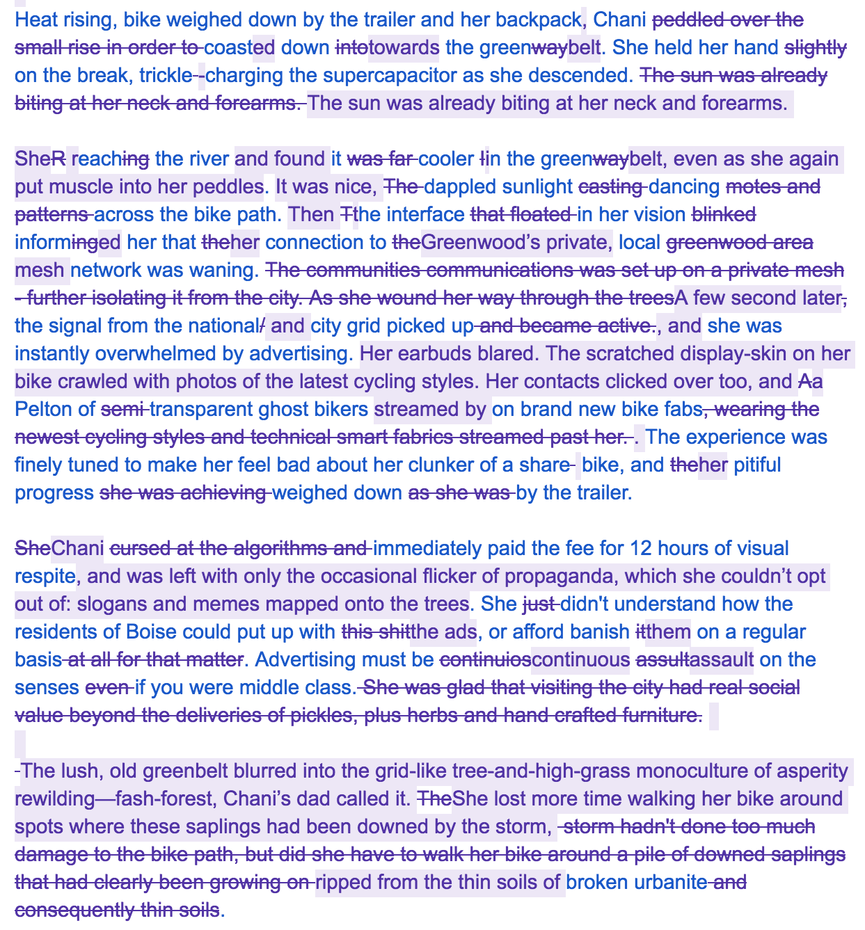 Screenshot of a fiction draft with tracked changes showing strikethrough deletions in red and new text in blue