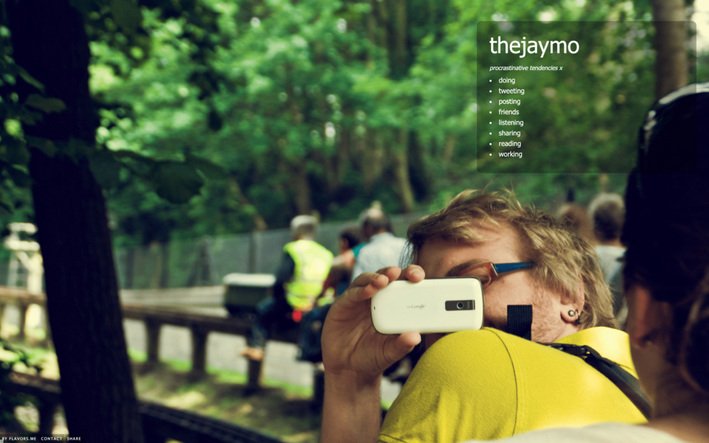 Screenshot of thejaymo Flavors.me social profile card listing procrastinative tendencies, overlaid on a photo of a person holding a camera outdoors