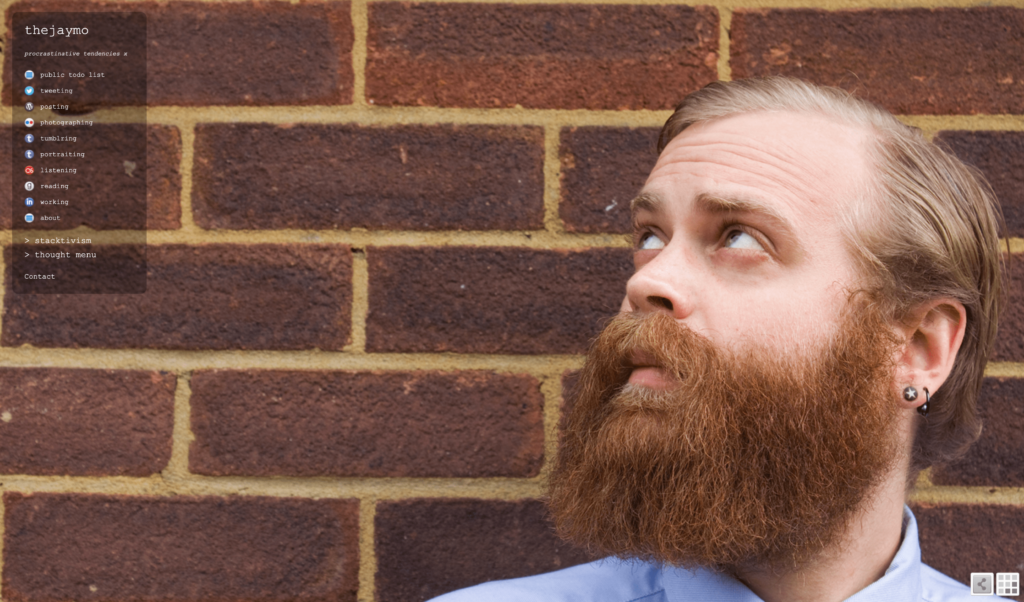 Screenshot of thejaymo Flavors.me profile with navigation sidebar overlaid on a photo of a bearded man looking upward against a brick wall