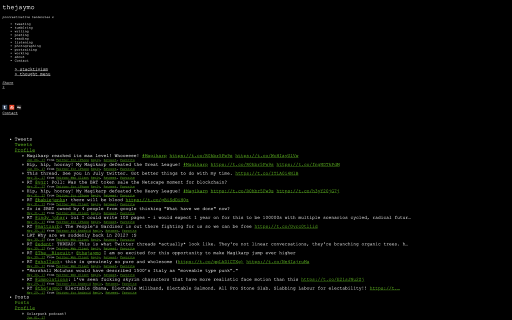 Screenshot of thejaymo Flavors.me profile page showing the full activity stream including a tweets feed and posts section with Solarpunk podcast entry
