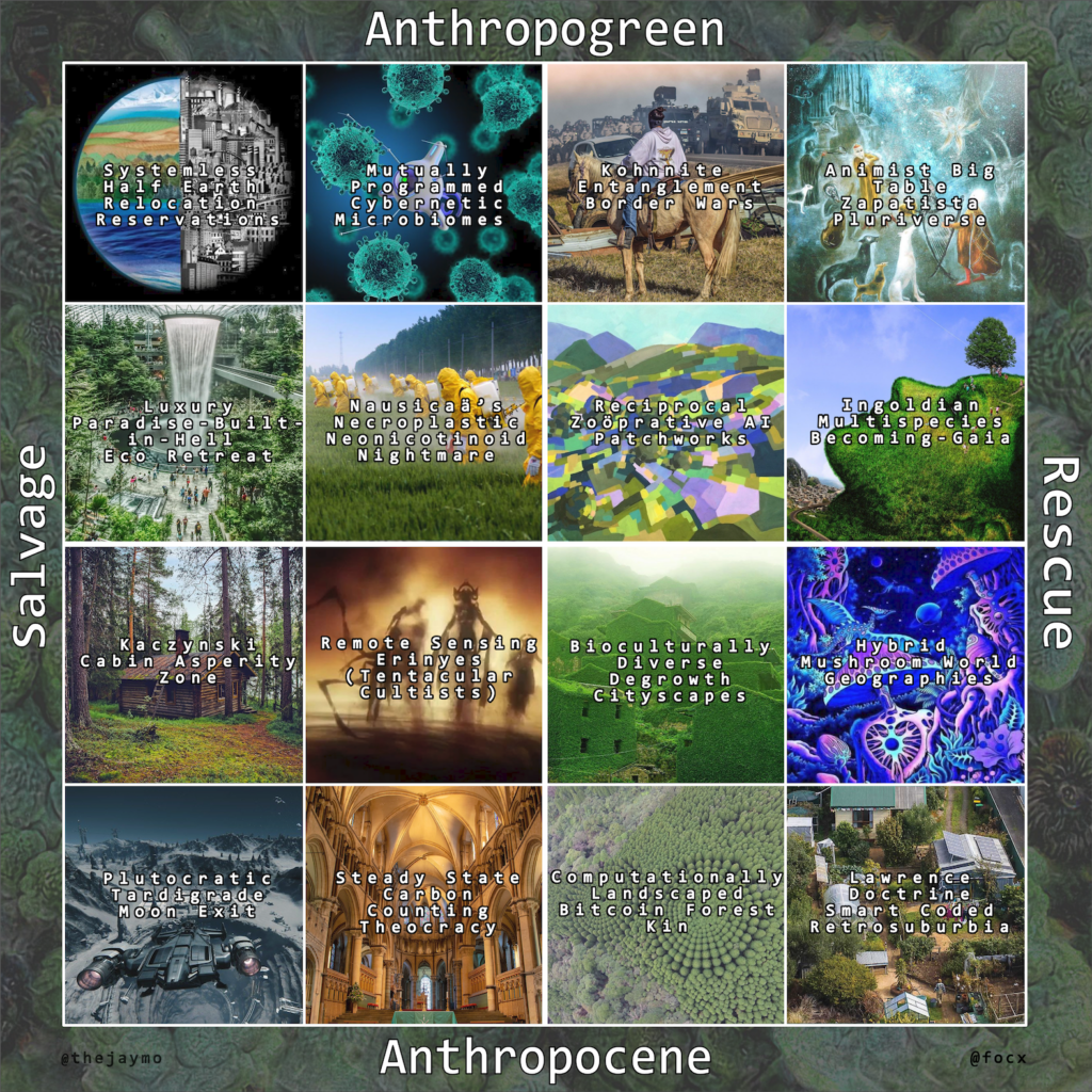 Speculative futures worldbuilding matrix with Anthropogreen/Anthropocene and Salvage/Rescue axes, containing 16 illustrated scenario cells including "Reciprocal Zoöprative AI Patchworks" and "Hybrid Mushroom World Geographies"