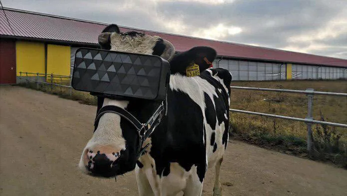 Black and white cow wearing a virtual reality headset in a surreal industrial landscape