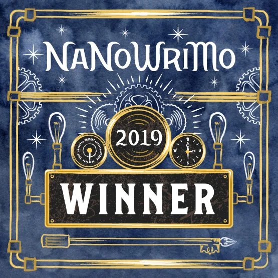NaNoWriMo 2019 Winner badge with ornate gold and blue design featuring stars, gears, and steampunk decorative elements