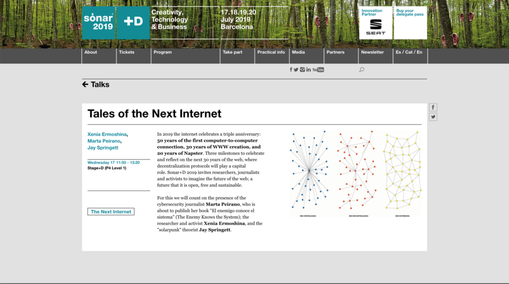 Screenshot of Sonar 2019 conference website showing talk page with network visualization graph