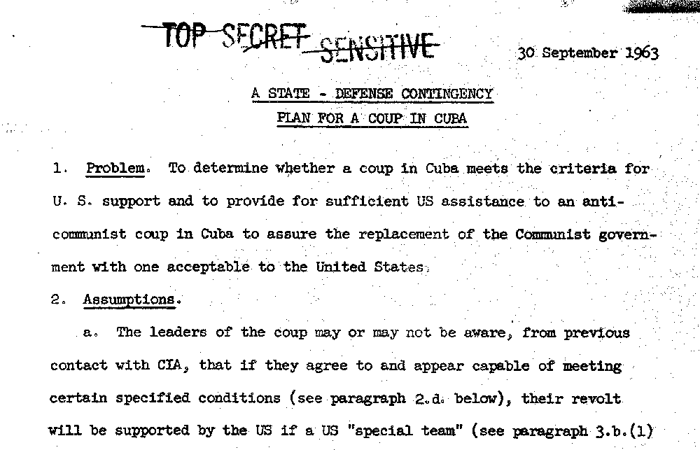 Screenshot of declassified document titled TOP SECRET SENSITIVE dated 30 September 1963 about "A State Defense Contingency Plan for a Coup in Cuba"