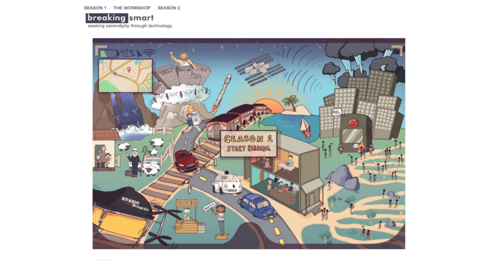 Featured image for "breaking smart" book cover - illustrated cityscape with buildings, people, maps and season tabs labeled "season 1", "the workshop", "season 2"