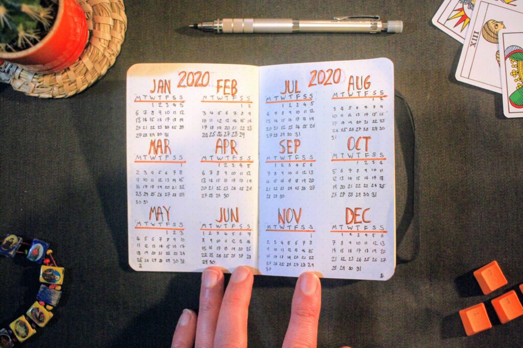 Hand-drawn 2020 calendar spread in a bullet journal with all twelve months