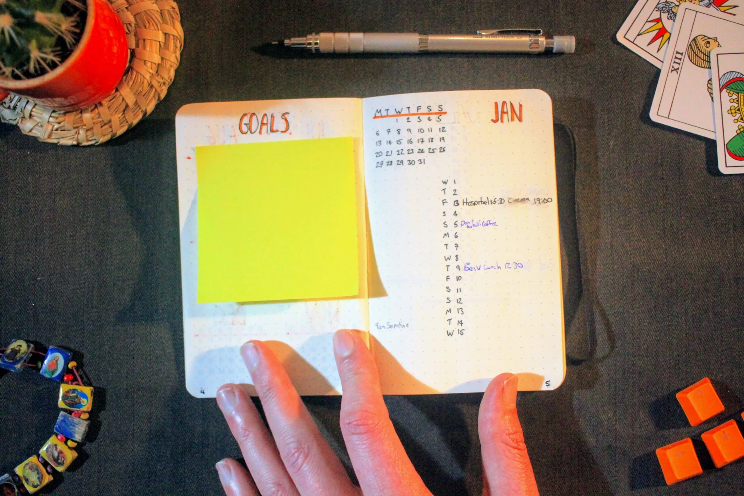 Bullet journal page with January calendar and yellow sticky note on the GOALS section