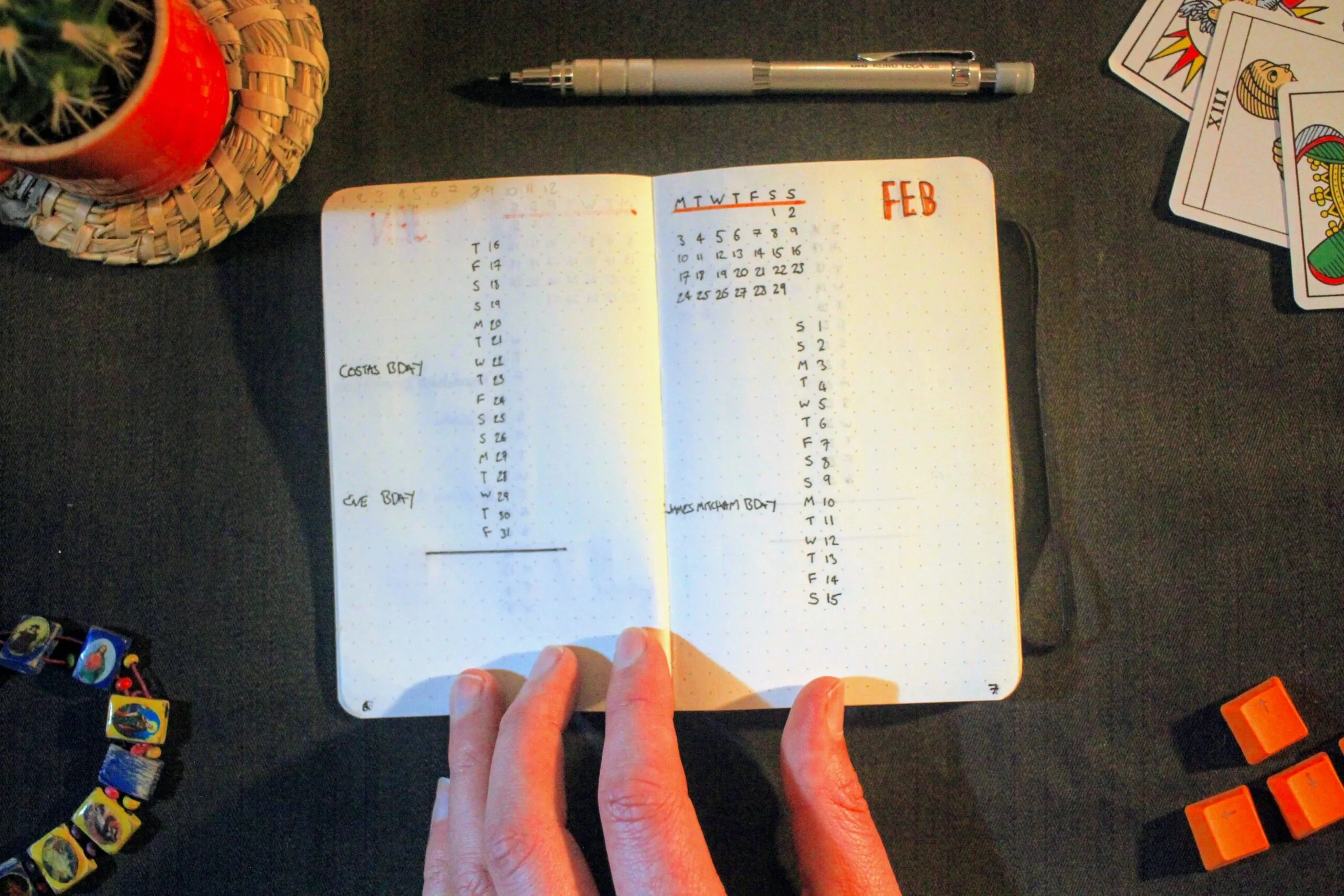 Bullet journal page with February calendar and habit tracker sections