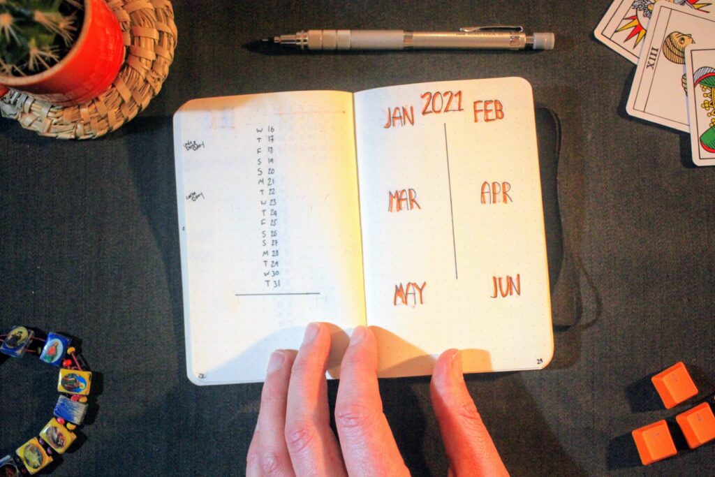 Bullet journal spread with 2021 calendar months January through June