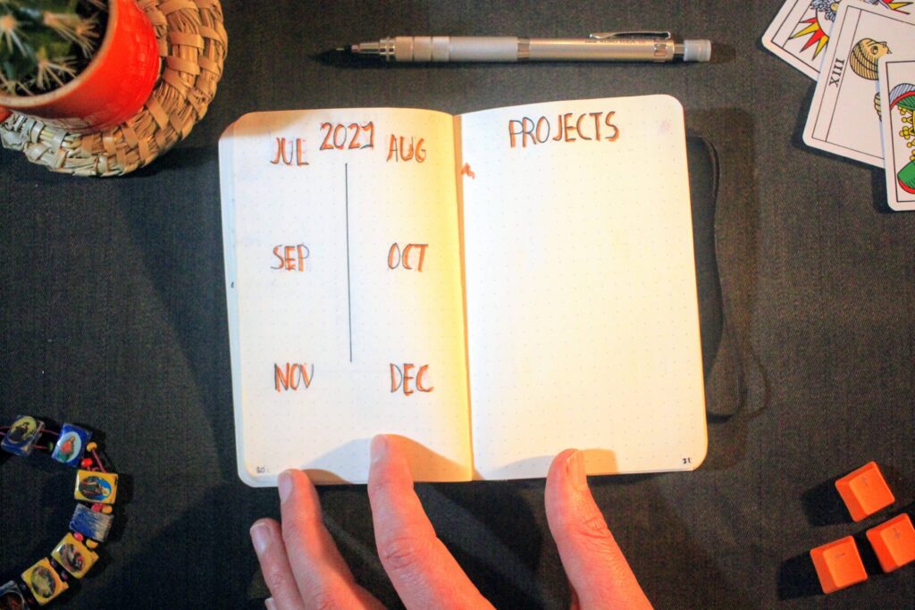 Bullet journal spread with 2021 calendar months July through December and projects section