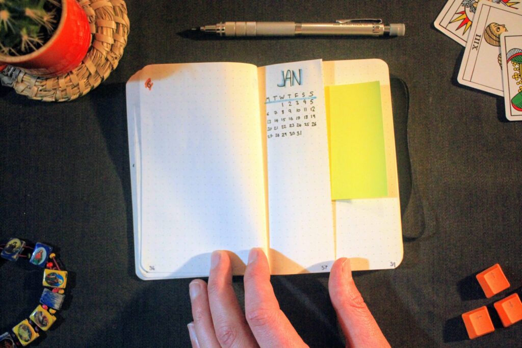 Bullet journal page with January calendar and yellow sticky note