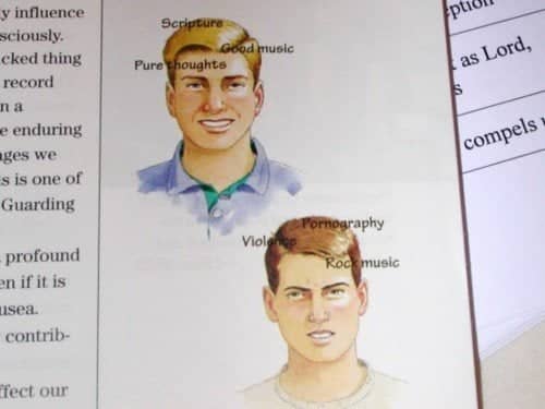 A book illustration contrasting a smiling man with Pure thoughts and Scripture against a scowling man with Violence and Pornography.