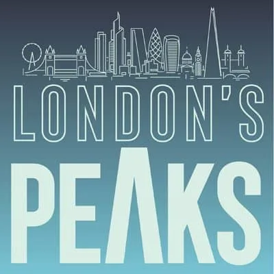 Featured image for London's Peaks - the title text below a white line art illustration of the London skyline on a blue gradient background.