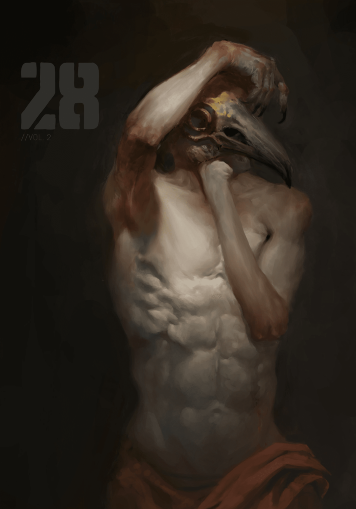Classical marble sculpture of male figure with muscular physique in dramatic pose with hand to head