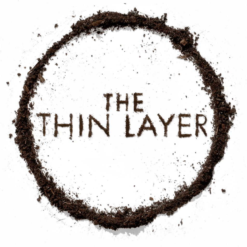 The words THE THIN LAYER and a circular border formed from dark, textured soil on a white background.