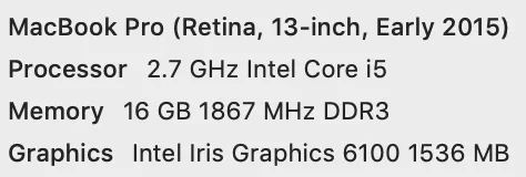 Screenshot of MacBook Pro system information displaying 2.7 GHz Intel Core i5 processor, 16GB RAM, and Intel Iris Graphics