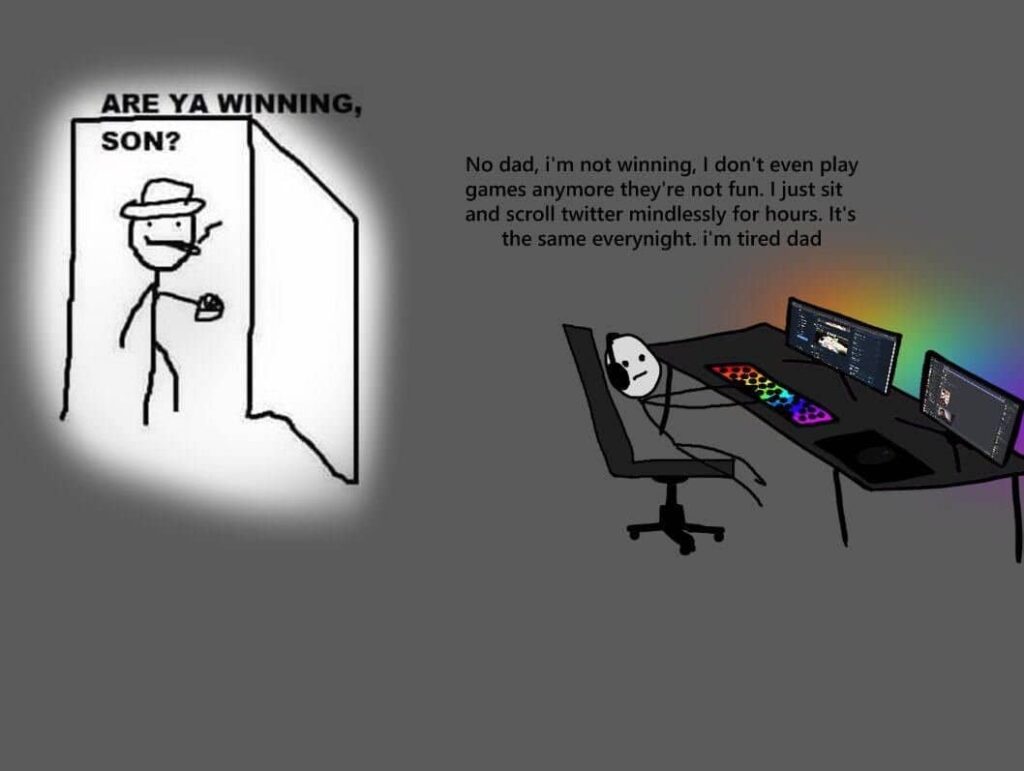 Meme with stick figure asking "Are ya winning, son?" and another figure at gaming desk saying they're not winning and just scrolling Twitter