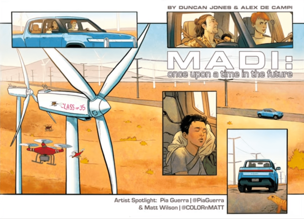 Comic page for "MADI: once upon a time in the future" with multiple panels showing cars, characters, and drones in a desert setting