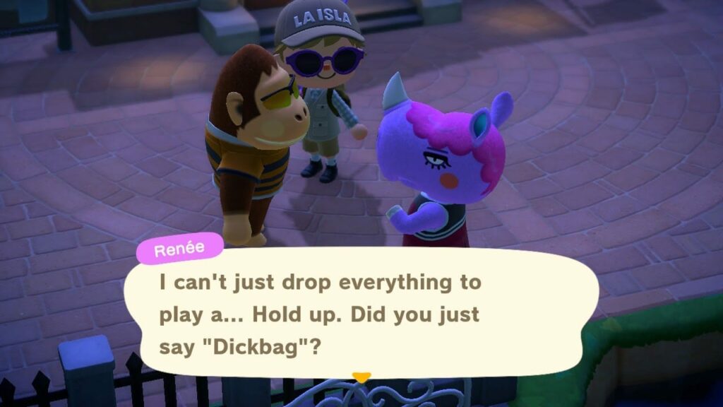 Animal Crossing screenshot showing Renée villager reacting to Dickbag furniture item being mentioned