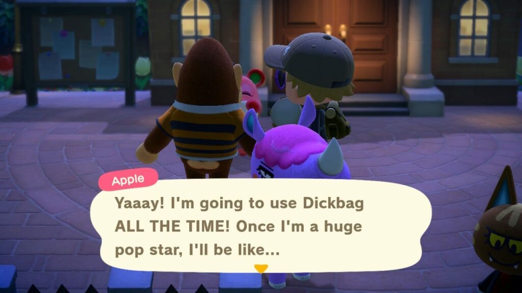 Animal Crossing screenshot at night with Apple villager speaking about Dickbag furniture item with other characters nearby