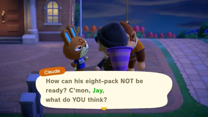 Screenshot from animated film showing Claude and Jay with speech bubble asking about eight-pack readiness