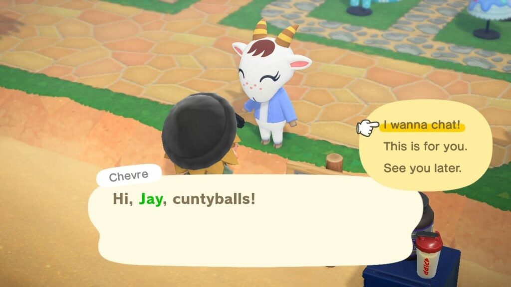 Screenshot from video game showing Chevre greeting Jay using their catchphrase