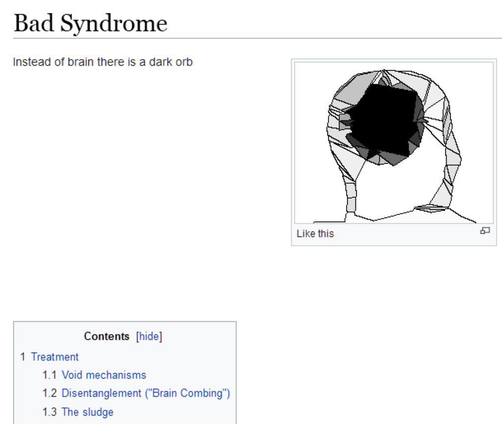 Line drawing of a head with a dark void where the brain should be, illustrating "Bad Syndrome"
