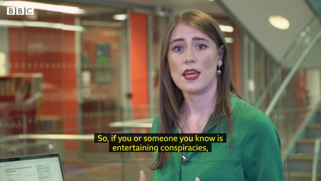 BBC screenshot with woman in green top with text "So, if you or someone you know is entertaining conspiracies,"