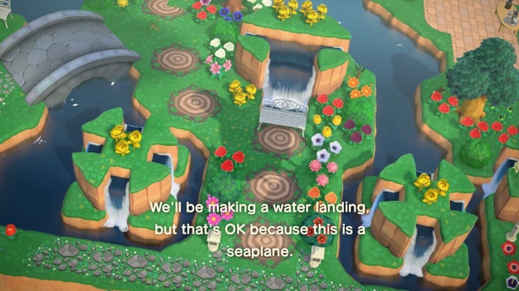 Animal Crossing screenshot with seaplane water landing and text "We'll be making a water landing, but that's OK because this is a seaplane."