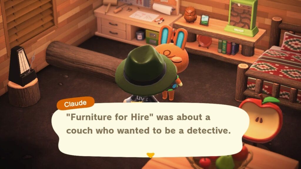 Screenshot from Animal Crossing showing Claude the character in a detective hat in a warm-toned living room with a speech bubble reading "Furniture for Hire was about a couch who wanted to be a detective"