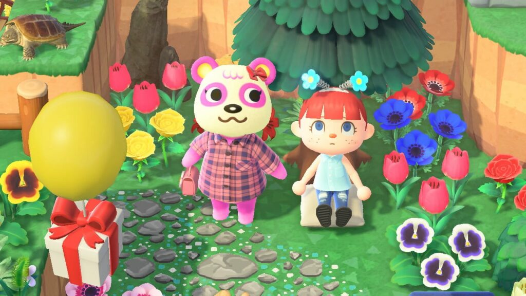 Two animal characters standing in garden surrounded by colorful flowers including yellow, red, blue, and pink blooms with large round objects