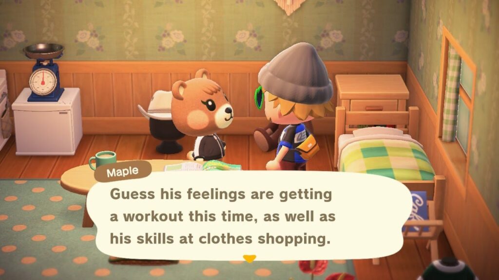 Animal Crossing game scene with Maple character and player having dialogue about feelings and clothes shopping in home interior