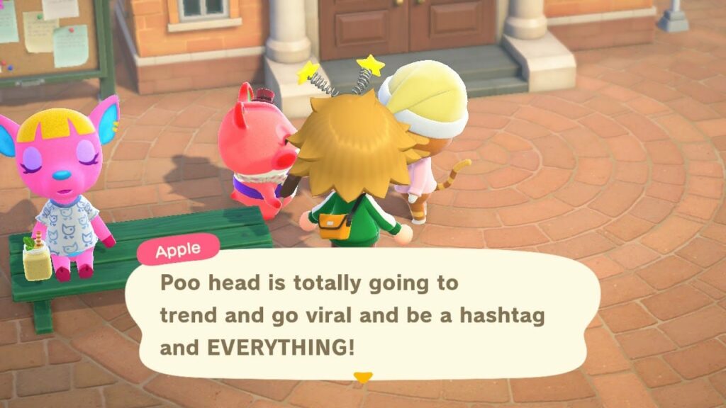 Animal Crossing screenshot with characters and dialogue about "Poo head is totally going to trend and go viral"