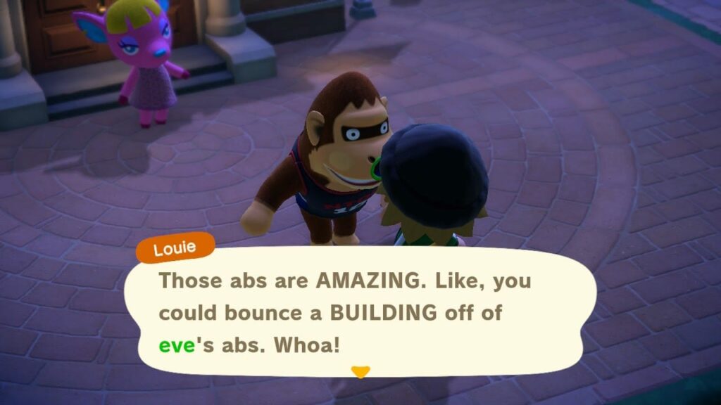 Screenshot from WALL-E showing Louie admiring Eve's build, with dialogue "Those abs are AMAZING. Like, you could bounce a BUILDING off of eve's abs. Whoa!"