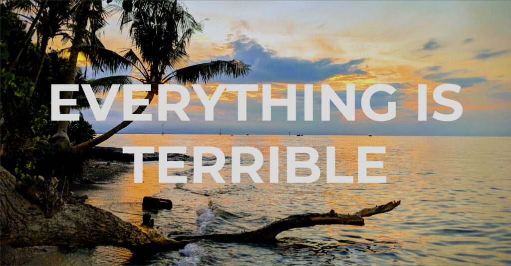 Tropical beach sunset with palm trees and driftwood in foreground, with text overlay reading "EVERYTHING IS TERRIBLE"