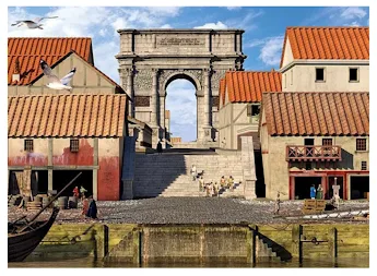Game environment featuring an arched stone gateway flanked by orange-tiled roofs and geometric architectural structures