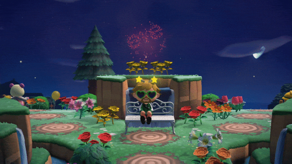 Animated Animal Crossing scene with Christmas tree, colorful flowers, and festive decorations