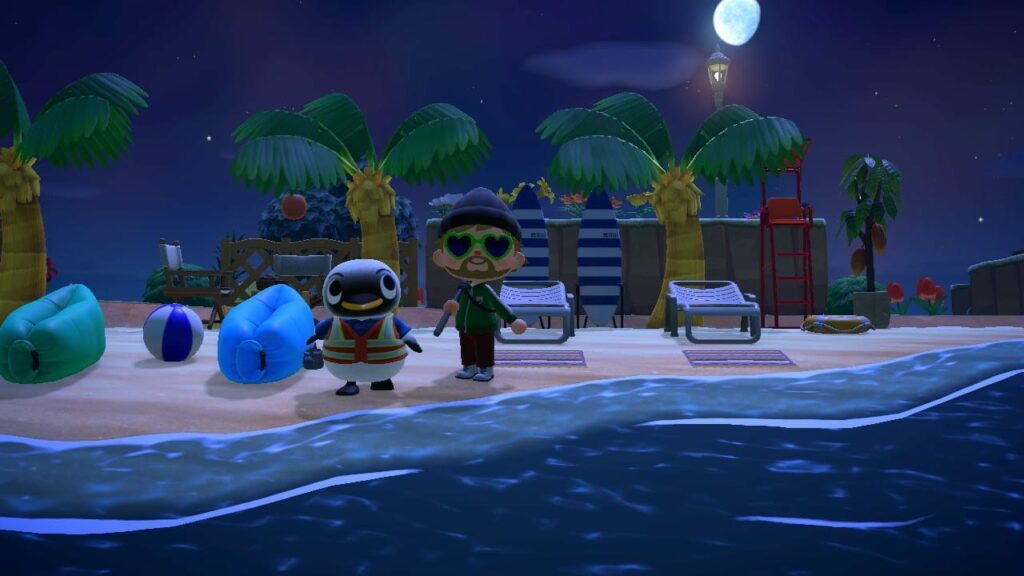Animal Crossing beach at night with palm trees, characters in sunglasses, and moonlit sky