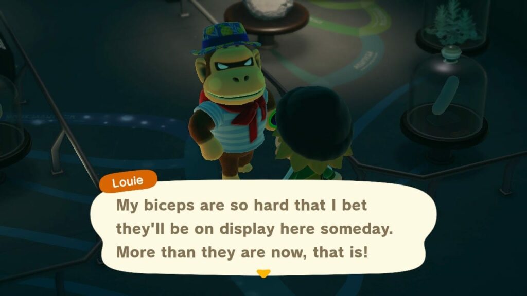 Screenshot showing animated character Louie with dialogue bubble about biceps strength and display