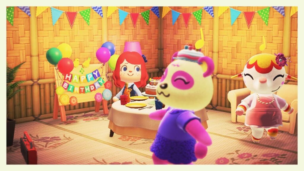 Animal Crossing birthday party scene with characters, colorful balloons, decorations and banner in decorated room
