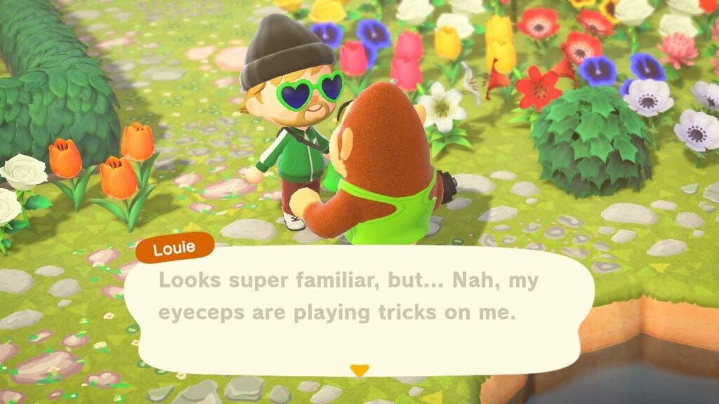 Screenshot showing animated character Louie in colorful garden surrounded by flowers with heart-shaped sunglasses and dialogue about eyeceps