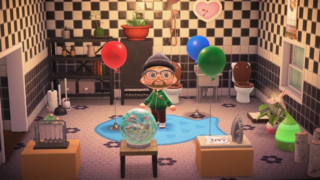 Character with glasses holding red, blue and green balloons in a checkered-tile bathroom room with plants and furniture