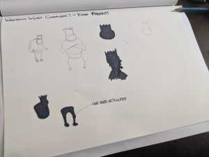 Sketch of Wavesum Wyvem character designs labeled with notes showing different poses and design details including "Cae Knee Articulated"