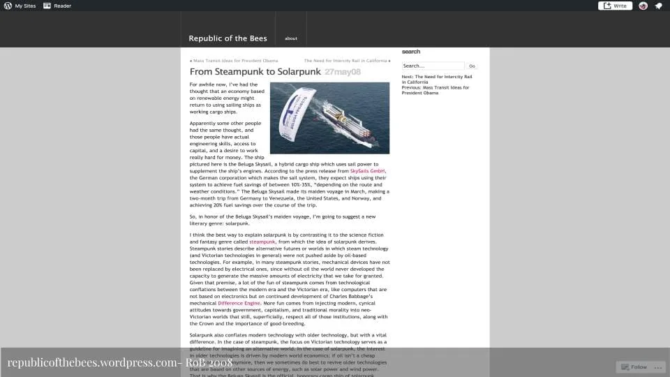 Screenshot of the WordPress blog Republic of the Bees, showing a blog post titled From Steampunk to Solarpunk dated May 27, 2008. The post features an image of the Beluga Skysails, a cargo ship using a kite sail for renewable energy.