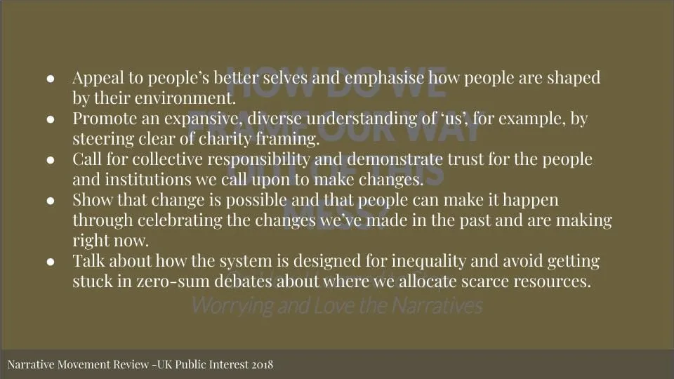 Featured image for Solarpunk: Life in the Future beyond the Rusted Chrome of Yestermorrow - a slide listing five principles for narrative strategy from the 2018 Narrative Movement Review.